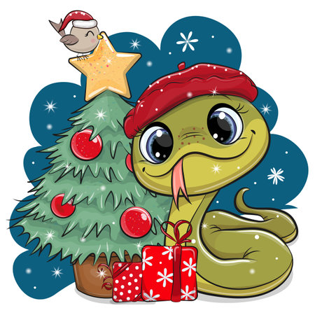 Cute Cartoon Snake in a red beret hat with a BIrd on a Blue backgroundのイラスト素材
