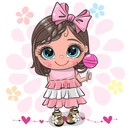 Cute Cartoon Girl with bow and lollipopのイラスト素材