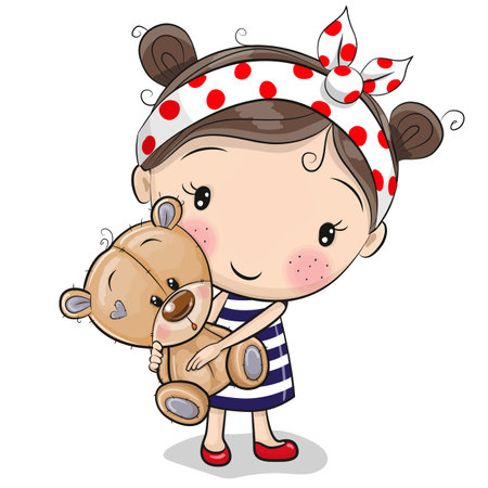 Cute Cartoon Girl in a striped dress with Teddy Bear on a white backgroundのイラスト素材