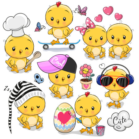 Set of Cute Cartoon Chickens with accessories on a white backgroundのイラスト素材