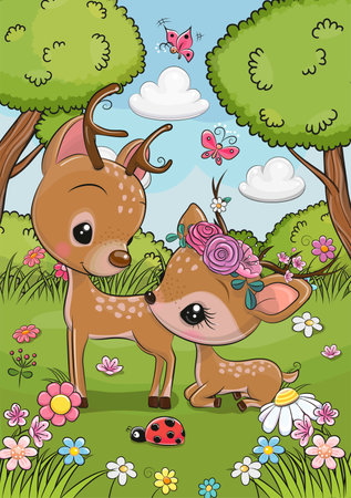 Cute Cartoon Deers boy and girl on the meadowのイラスト素材