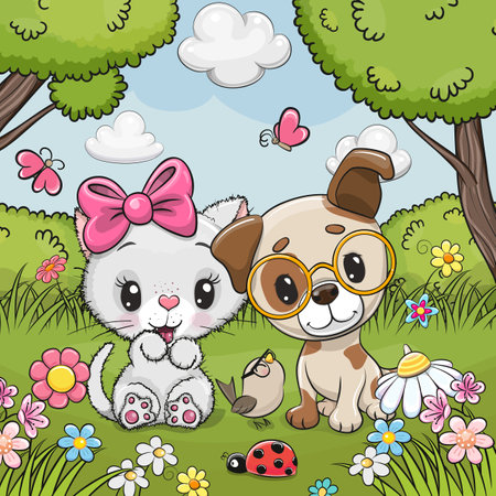 Cute Cartoon Cat and Dog on the meadowのイラスト素材