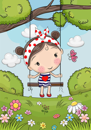 Cute cartoon girl riding on a swingのイラスト素材