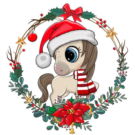Cute Cartoon Horse in Santa hat on a white backgroundのイラスト素材