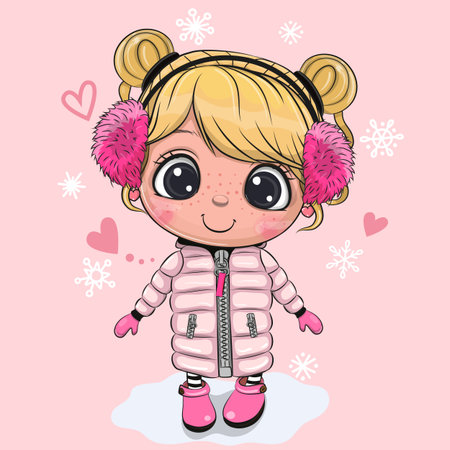 Cute Cartoon girl in a coat and fur pink headphones on pink backgroundのイラスト素材