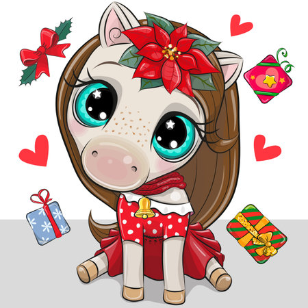 Cute Cartoon Christmas Horse on a white backgroundのイラスト素材