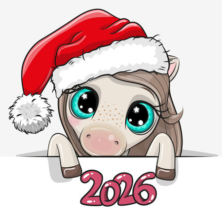 Cute Cartoon Horse in Santa hat on a white backgroundのイラスト素材