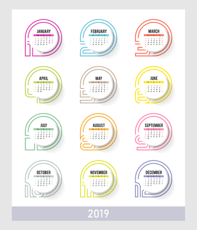 Year 2019 plain contemporary vector monthly calendar. Week starting from Sunday. Multicolor modern design.のイラスト素材