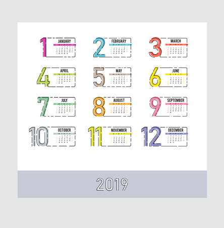 Year 2019 plain contemporary vector monthly calendar. Week starting from Sunday. Multicolor modern design.のイラスト素材