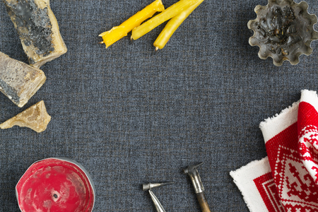 tools for painting eggs for Easter, authentic embroidered towel on a black background, handmadeの写真素材