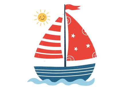 Sailboat Clip Art. A cute cartoon sailboat with a red sail, a smiling sun, and blue waves.の写真素材