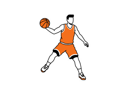 Basket ball player clipart. A basketball player in an orange jersey holding a basketball, ready to make a move.の写真素材