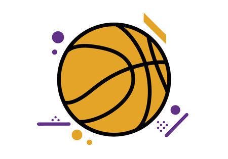 A stylized basketball illustration with purple and gold color scheme and abstract geometric elements, creating a dynamic sports-themed design.の写真素材