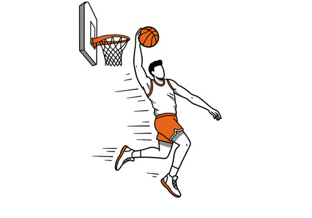 Dunking basketball clipart. A basketball player dunking a ball into a hoop, highlighting athleticism...
