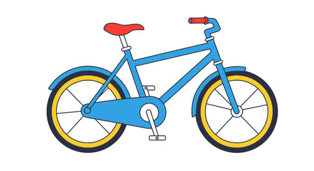 Clip art of a bike. A simple and colorful illustration of a blue bicycle with yellow wheels and red accents.の写真素材