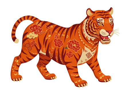 Chinese Tiger Clipart. A stylized tiger with intricate Chinese patterns, representing strength and power in the Year of the Tiger. Vector illustration design.の写真素材