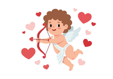 Cute Cupid Clipart. Cupid with bow and heart arrows flying with red and pink hearts. Vector...