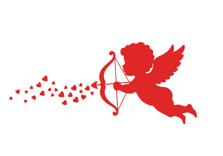 Red Cupid Clipart. A red silhouette of Cupid with wings, holding a bow and arrow, shooting hearts. Vector illustration design.の写真素材