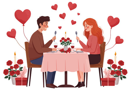 Valentine's Day Dinner Clip Art. A couple enjoying a romantic dinner with heart balloons and roses. Vector illustration design.の写真素材