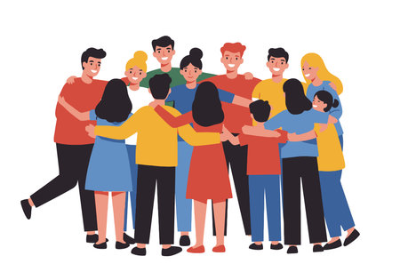 Group Hug Clip Art. A group of people standing in a circle with arms around each other. Vector illustration design.の写真素材