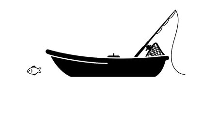 Fishing boat clipart black and white. A simple black and white silhouette of a fishing boat with a fisherman casting a line, representing the sport of fishing.の写真素材