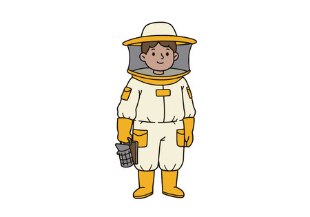 Beekeeper clip art. A cartoon illustration of a beekeeper wearing a protective suit, hat, and gloves, holding a bee smoker.の写真素材