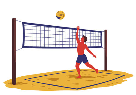Beach Volleyball Playing ClipArt. A person in red and blue playing beach volleyball, reaching for the ball. Vector illustration design.の写真素材