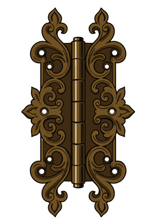 Door Hinges Clipart. This image shows an ornate, decorative door hinge with intricate floral and scrollwork patterns. Vector illustration design.のイラスト素材