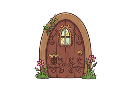 Fairy Door Clip Art. A whimsical wooden door with floral decorations, a bee-shaped knocker, and a small window. Vector illustration design.のイラスト素材