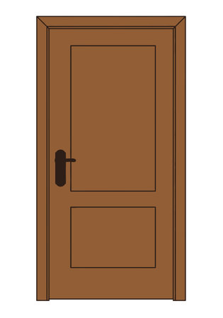 Wood Door Clipart. A brown wooden door with a black handle and two rectangular panels. Vector illustration design.のイラスト素材
