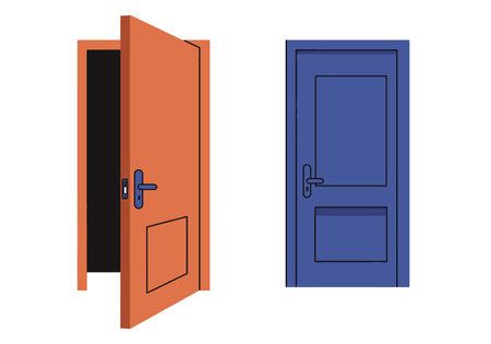 Open and Closed Door Clipart. The image shows an orange open door and a blue closed door. Vector illustration design.のイラスト素材
