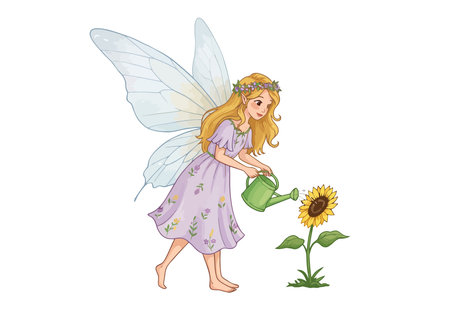Garden fairy clip art. A fairy with wings and a flower crown waters a sunflower with a green watering can. Vector illustration design.のイラスト素材