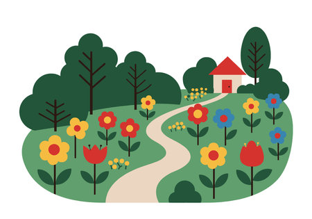 Simple clip art of a garden. A winding path leads to a small house surrounded by colorful flowers and trees. Vector illustration design.のイラスト素材