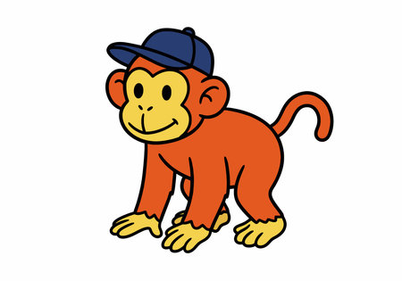 Funny monkey clipart. A cute orange monkey wearing a blue cap is standing on all fours and smiling. Vector illustration design.のイラスト素材
