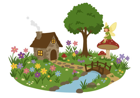 Fairy garden clip art. A whimsical scene with a fairy sitting on a mushroom near a cottage surrounded by flowers and a stream. Vector illustration design.のイラスト素材