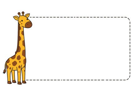 Giraffe simple border clipart. A giraffe stands next to a dashed rectangular border. Vector illustration design.のイラスト素材