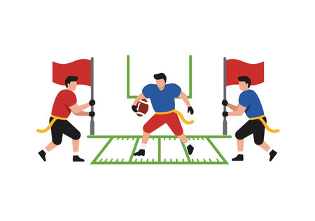 Flag football clip art. Three players on a flag football field, one holding a football, two holding red flags. Vector illustration design.のイラスト素材