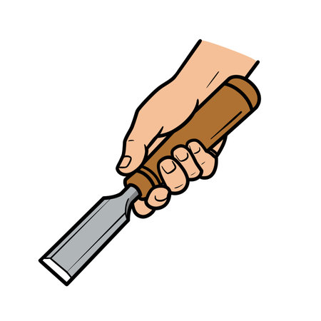 Chisel on hand clip art. A hand holding a chisel with a wooden handle and a metal blade. Vector illustration design.のイラスト素材