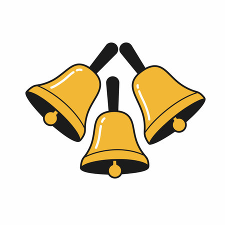 Clip art handbells. Three yellow handbells with black handles and clappers arranged in a triangular formation. Vector illustration design.のイラスト素材