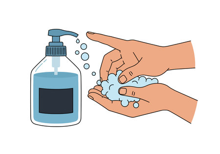 Liquid soap clipart. Hands using liquid soap from a dispenser. Vector illustration design.のイラスト素材