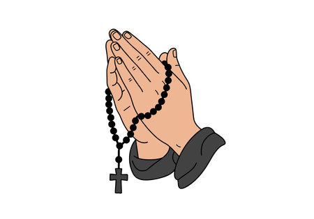 Praying hand with rosary clipart. Two hands clasped together in prayer holding a black rosary with a cross. Vector illustration design.のイラスト素材
