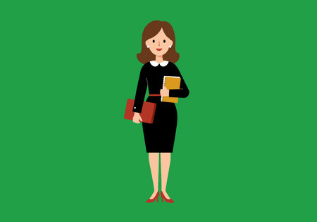 Professional mom clipart. A woman in a black dress holding books and a folder. Vector illustration design.のイラスト素材