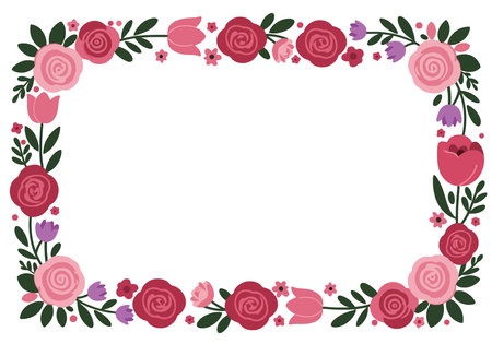 Mothers Day border clipart. Floral border with roses, tulips, and leaves in pink, red, and purple colors. Vector illustration design.のイラスト素材