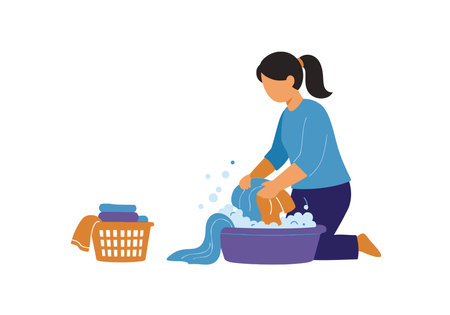 Mom washing clothes clipart. A woman is kneeling and washing clothes in a basin with soap bubbles. Laundry basket with folded clothes. Vector illustration design.のイラスト素材