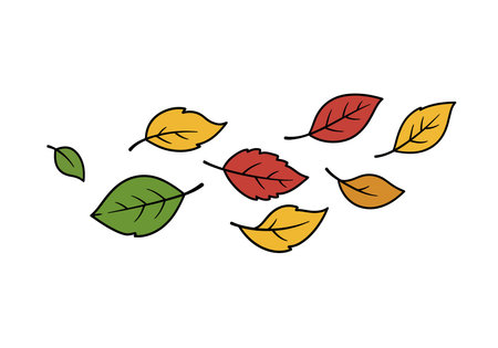 Blowing leaves clipart. Colorful leaves in green, yellow, red, and orange blowing in the wind. Vector illustration design.のイラスト素材