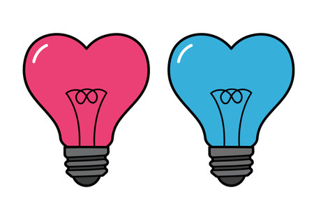 Heart light bulb clipart. Two heart-shaped light bulbs, one pink and one blue. Vector illustration design.のイラスト素材