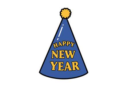 New year hat clipart. Blue cone-shaped hat with yellow pom-pom and "HAPPY NEW YEAR" text in yellow. Vector illustration design.のイラスト素材