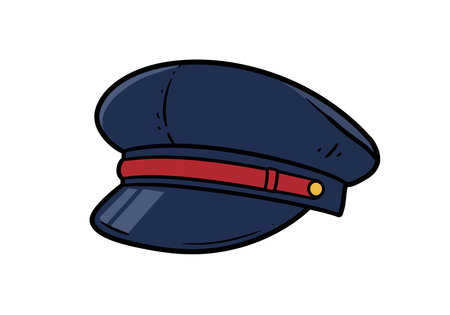 Captain hat vector. Navy blue captain hat with a red stripe and gold button. Vector illustration design.のイラスト素材