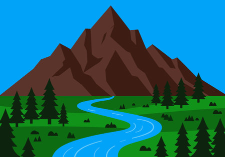 Mountain and river clipart. This image shows a mountain with a river flowing through a forest. Vector illustration design.のイラスト素材