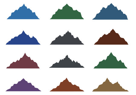 Mountains clipart. This image shows twelve different mountain silhouettes in various colors arranged in a 3x4 grid. Vector illustration design.のイラスト素材